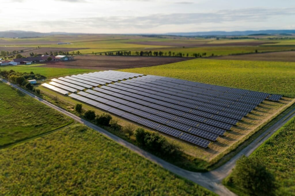 Rows of photovoltaic panels in a solar power installation