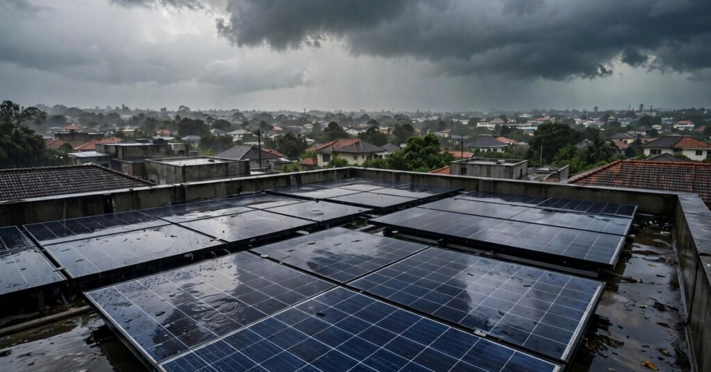 Wet rooftop solar panels under monsoon clouds in Pakistan