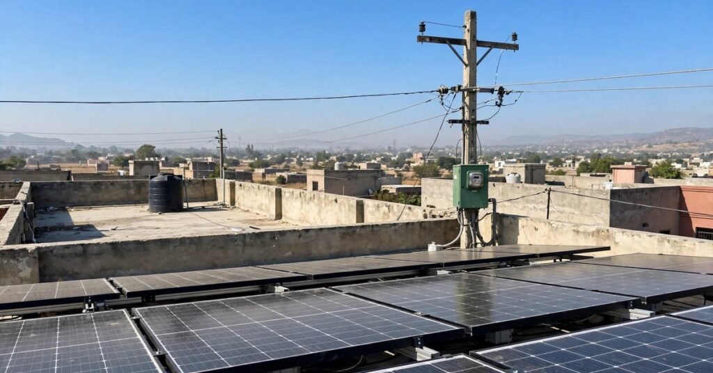 Rooftop solar panels with green net metering box in Pakistan