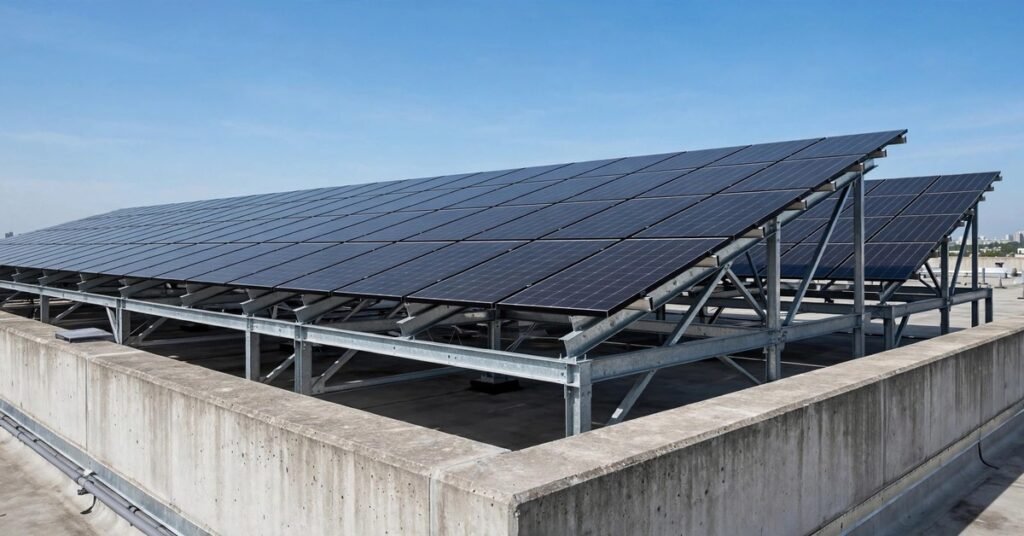 Raised galvanized steel mounting structure holding rooftop solar panels in Pakistan
