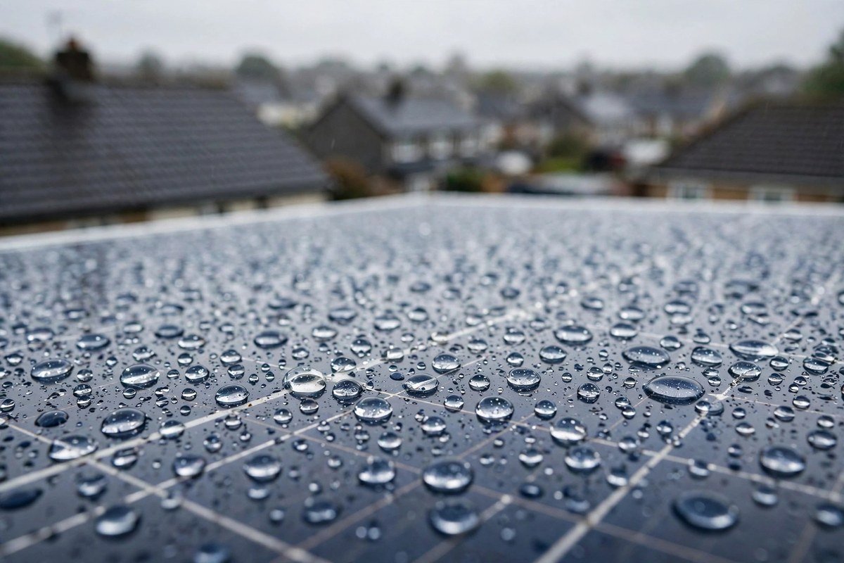 Rain droplets on a solar panel glass surface