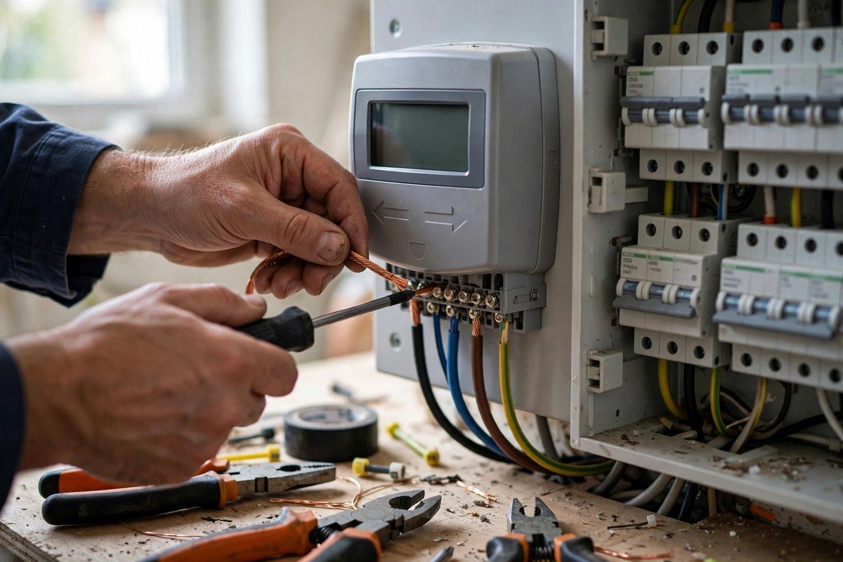 Installer wiring a bi-directional net meter
