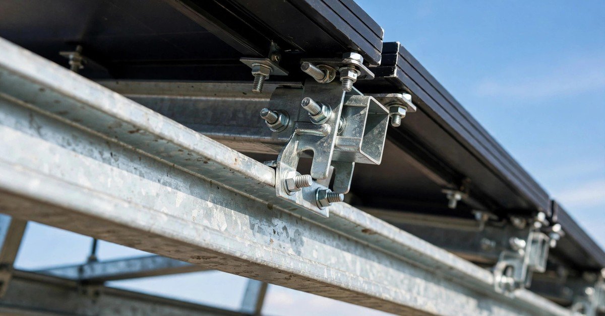 Close-up of galvanized steel rails, clamps and bolts under solar panels