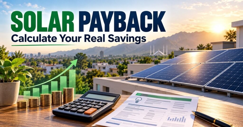 SOLAR PAYBACK. Calculate Your Real Savings. Illustrated solar article banner.