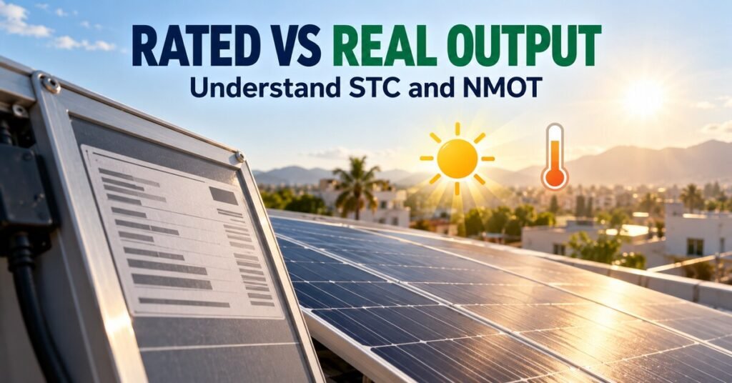 RATED VS REAL OUTPUT. Understand STC and NMOT. Illustrated solar article banner.