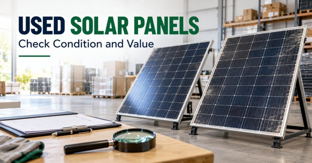 USED SOLAR PANELS. Check Condition and Value. Illustrated solar article banner.