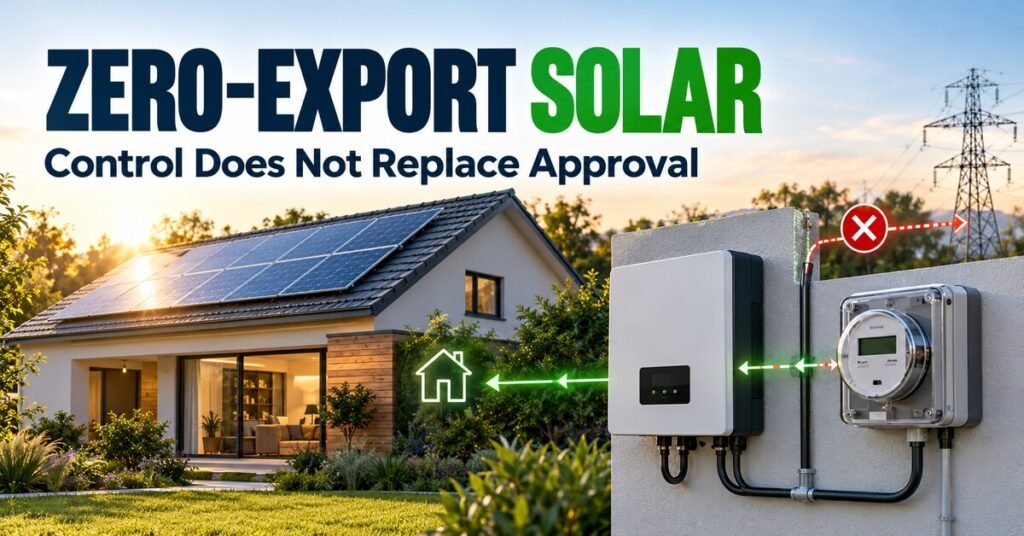ZERO-EXPORT SOLAR. Control Does Not Replace Approval. Illustrated solar article banner.