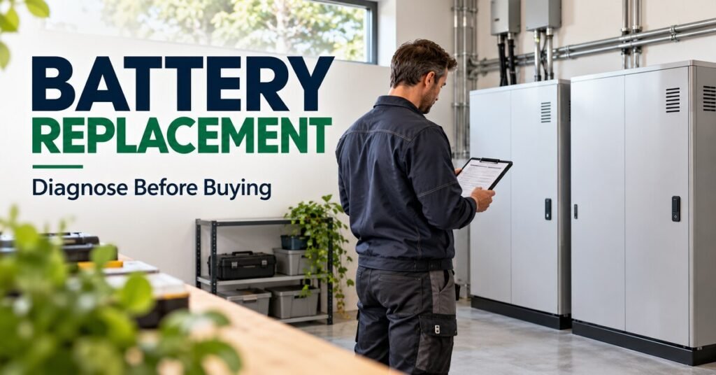 BATTERY REPLACEMENT. Diagnose Before Buying. Illustrated solar article banner.
