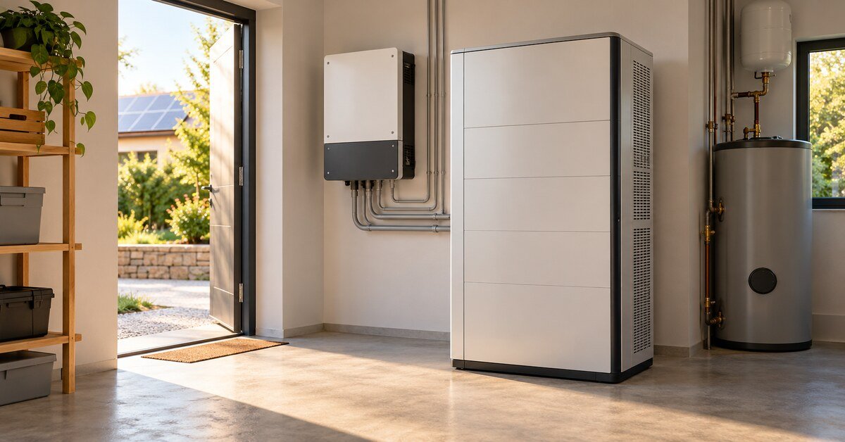 Illustrative enclosed solar battery and inverter in a tidy utility area