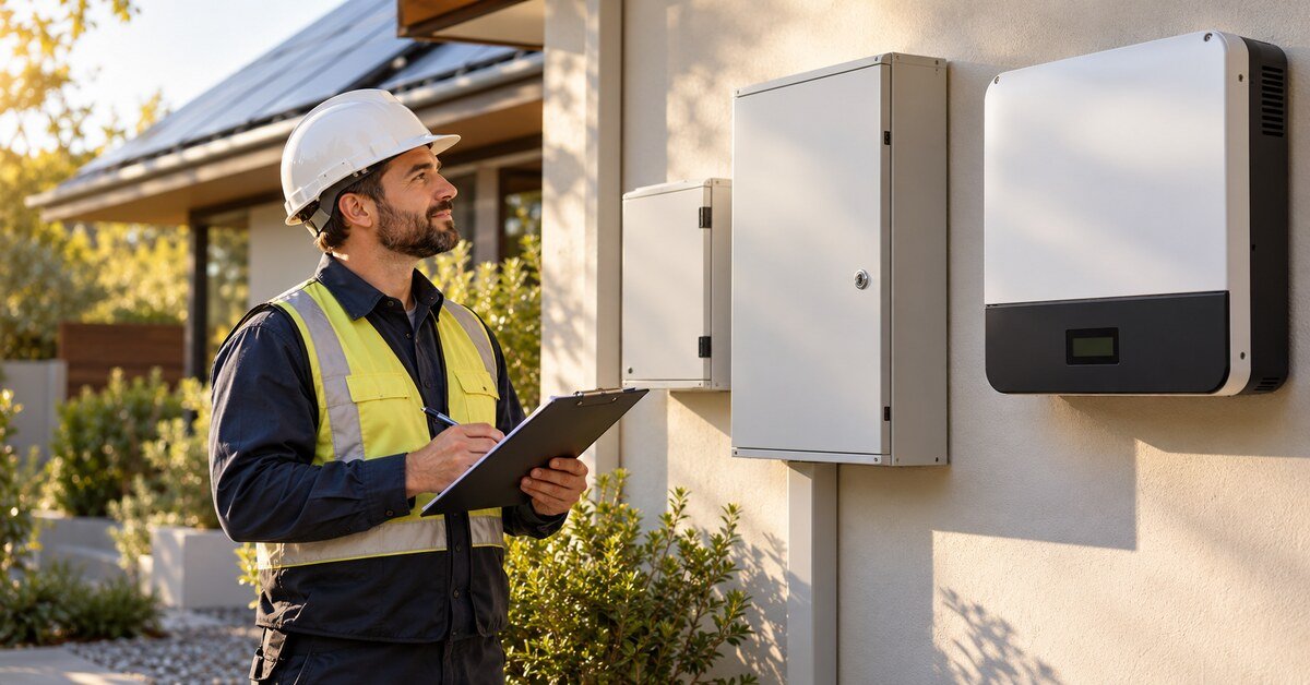 Technician reviewing closed solar electrical equipment with a checklist