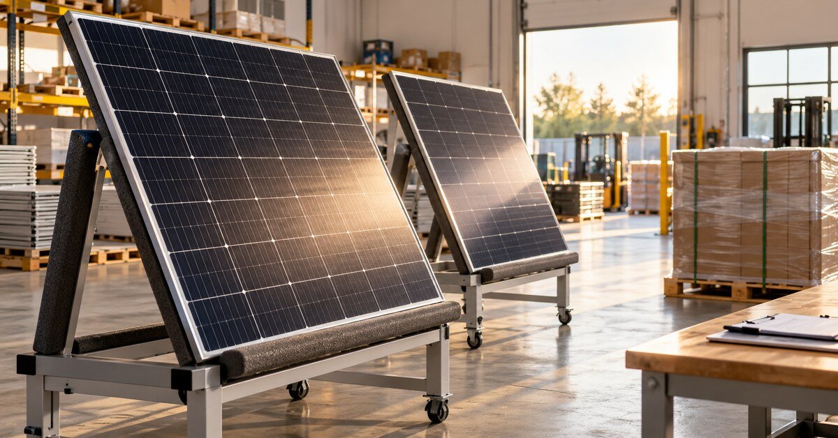Solar modules prepared for professional inspection in a warehouse