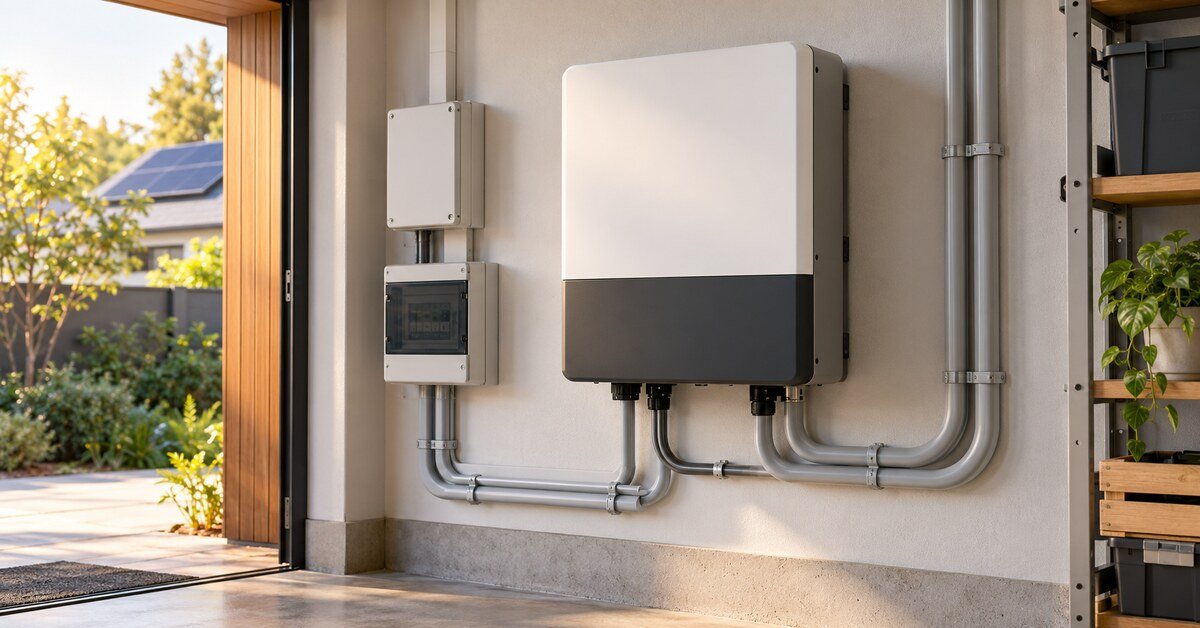 Illustrative wall-mounted solar inverter with enclosed cable routing