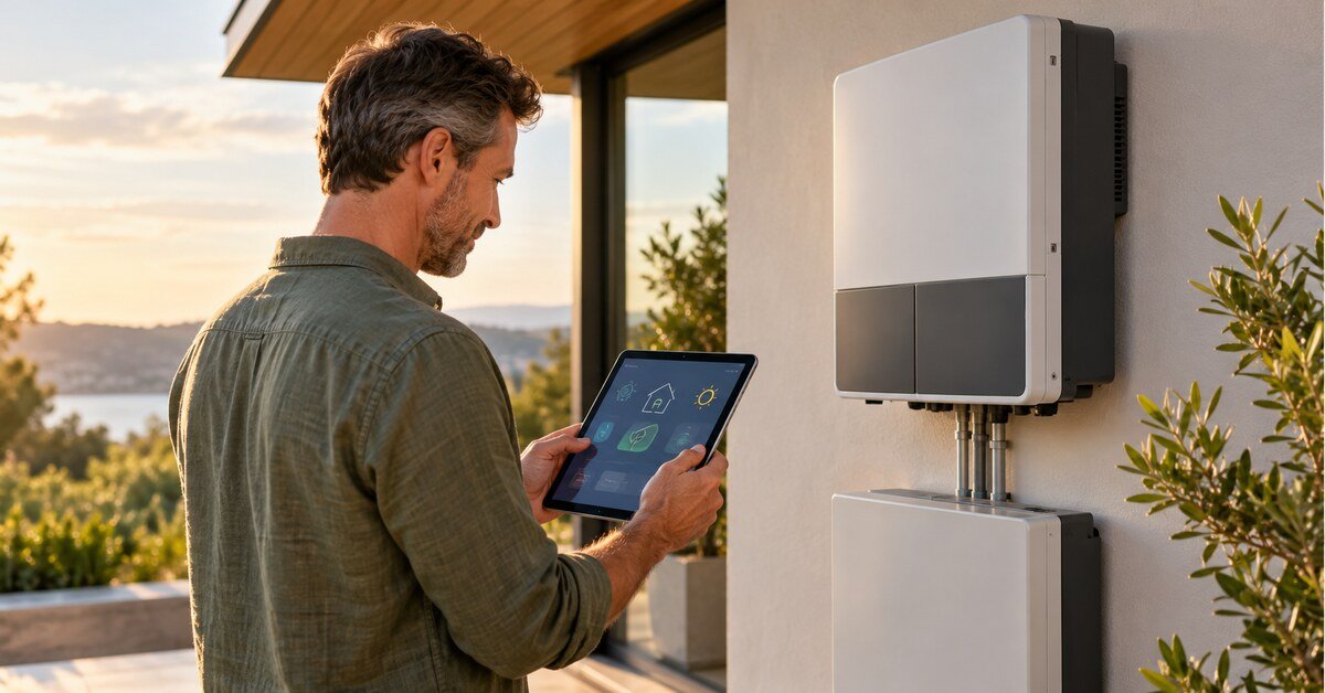 Homeowner viewing a tablet beside solar monitoring equipment