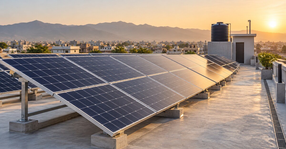 Illustrative rooftop solar array with access paths and drainage space