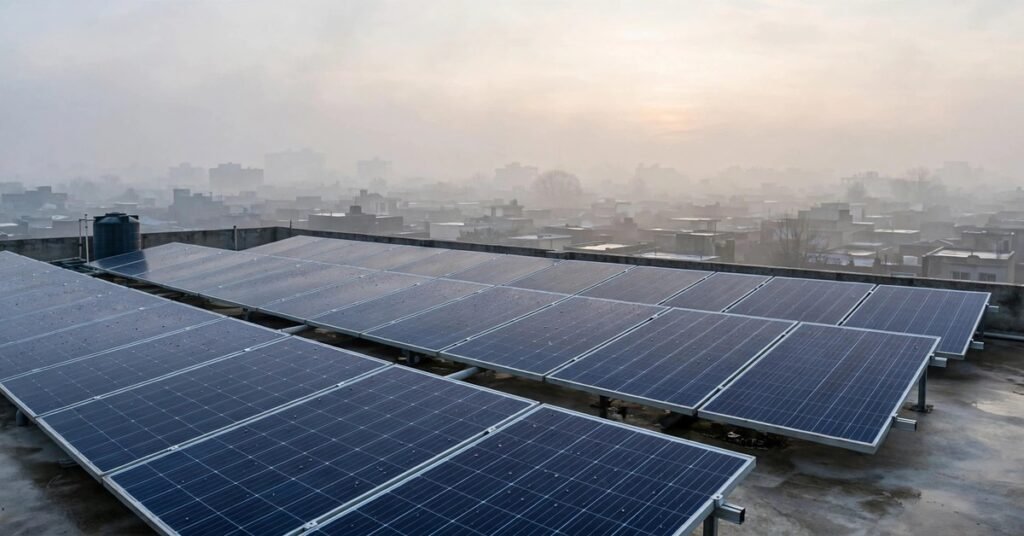 Rooftop solar panels in winter fog and smog, Pakistan