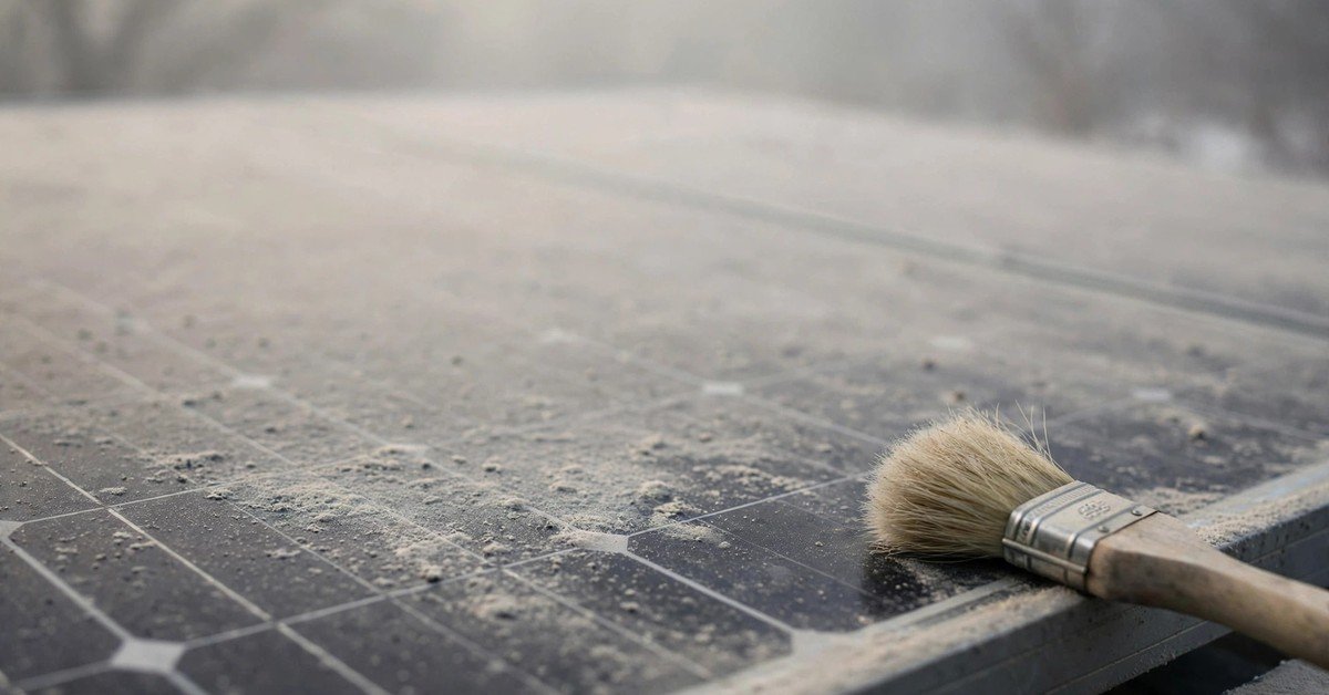 Dust and smog grime on a solar panel surface with a soft cleaning brush